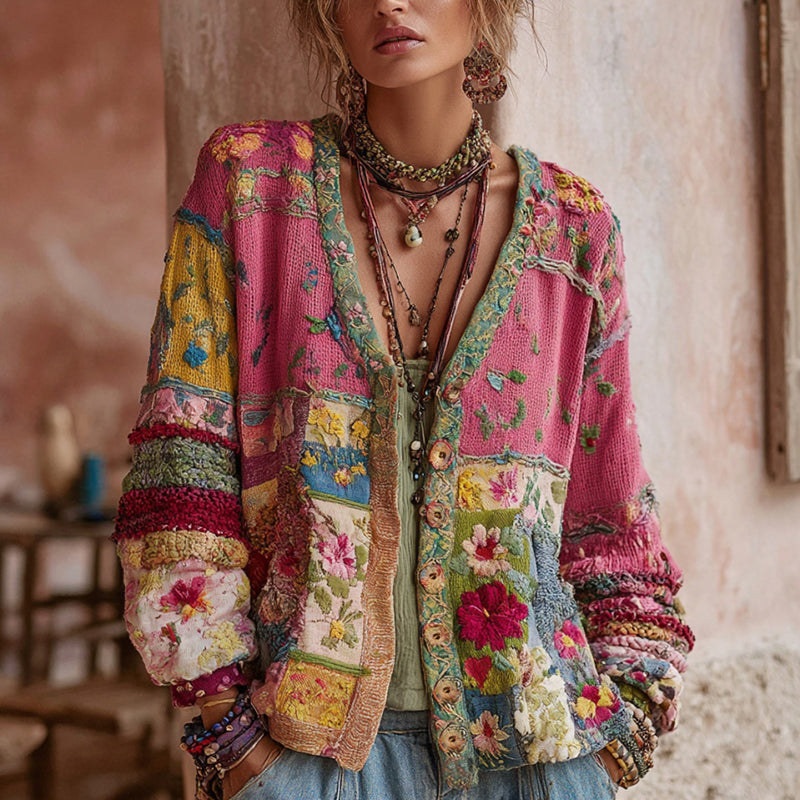 Women's Patchwork Floral Cardigan with V-Neck and Button Front