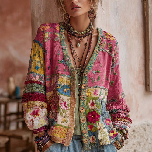 Women's Patchwork Floral Cardigan with V-Neck and Button Front