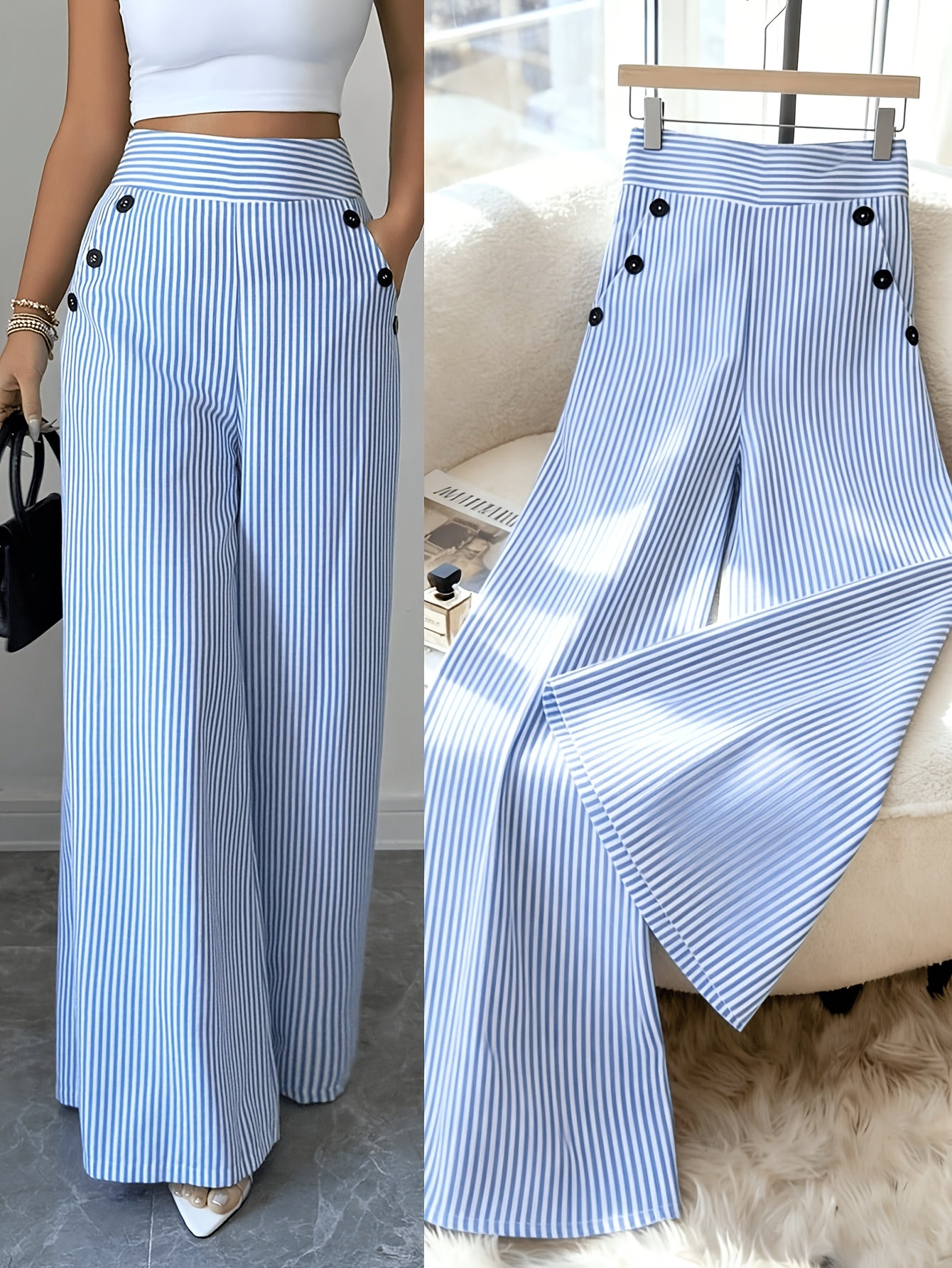 Pantalones de pierna ancha a rayas informales para mujer