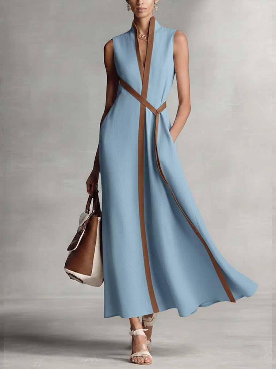 Robe maxi sans manches à col en V avec bordure contrastée et taille nouée pour femme