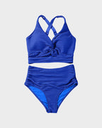 Damen-Rippen-Bikini-Set mit gedrehtem Oberteil und hochgeschnittenem Slip