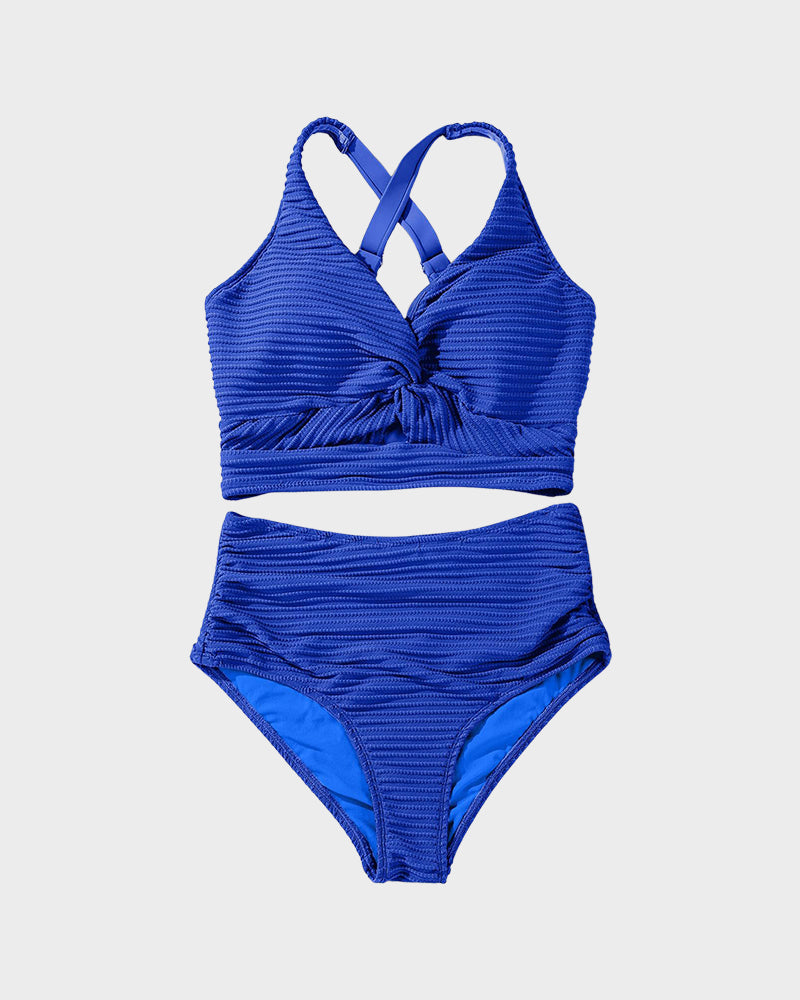 Damen-Rippen-Bikini-Set mit gedrehtem Oberteil und hochgeschnittenem Slip