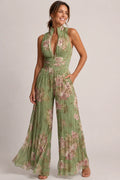 Damen Jumpsuit mit weitem Bein, Blumenmuster, Plisseefalten, Neckholder, Reißverschluss vorne und tailliertem Bund