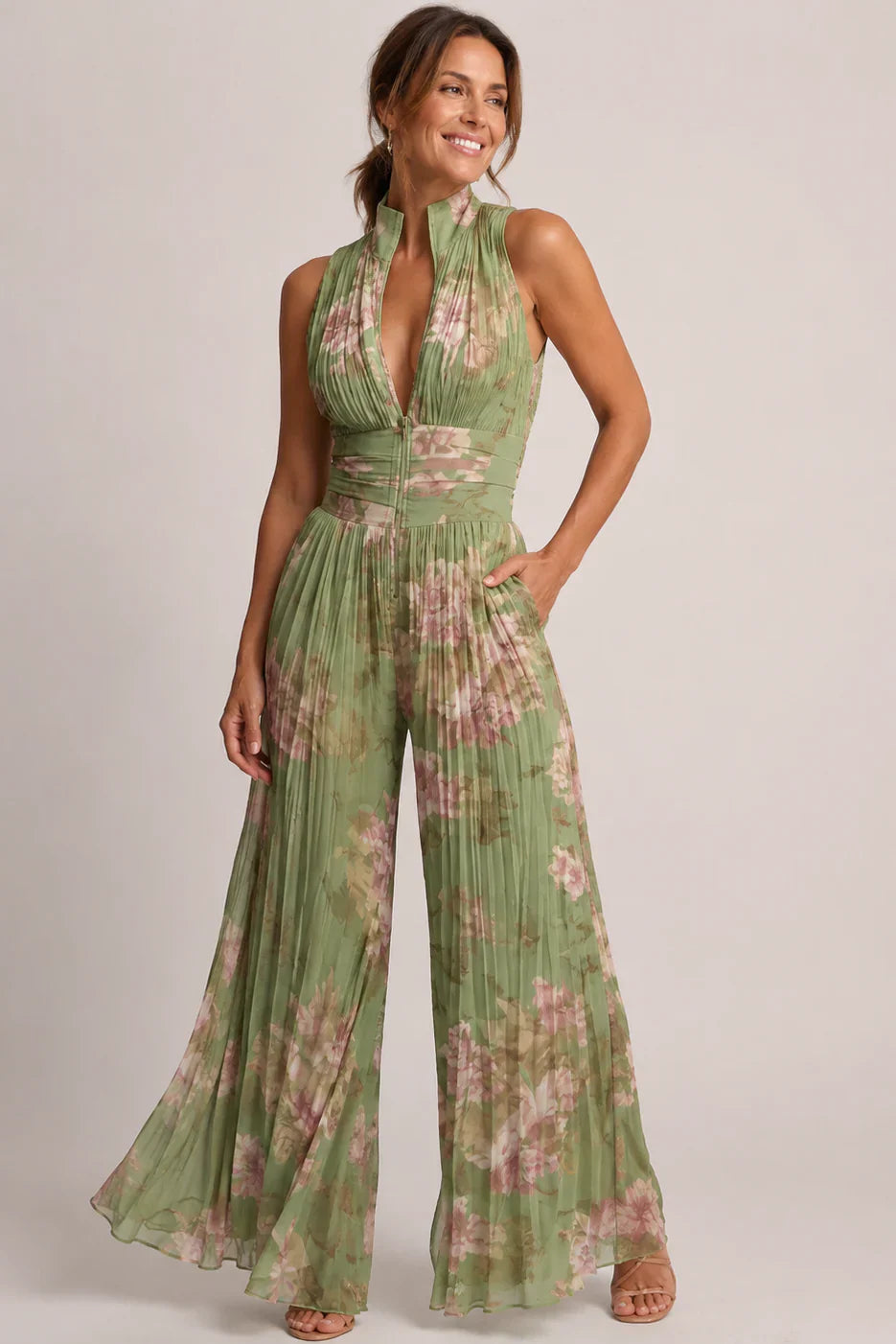 Damen Jumpsuit mit weitem Bein, Blumenmuster, Plisseefalten, Neckholder, Reißverschluss vorne und tailliertem Bund