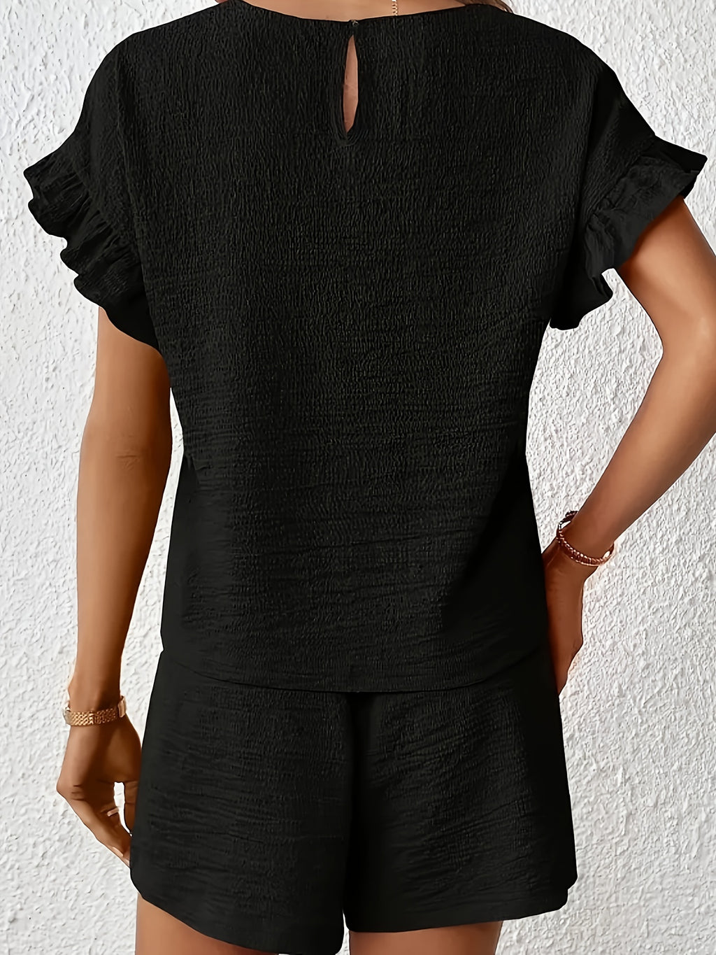 Women's Textured Ruffle Sleeve Top and Drawstring Shorts Set