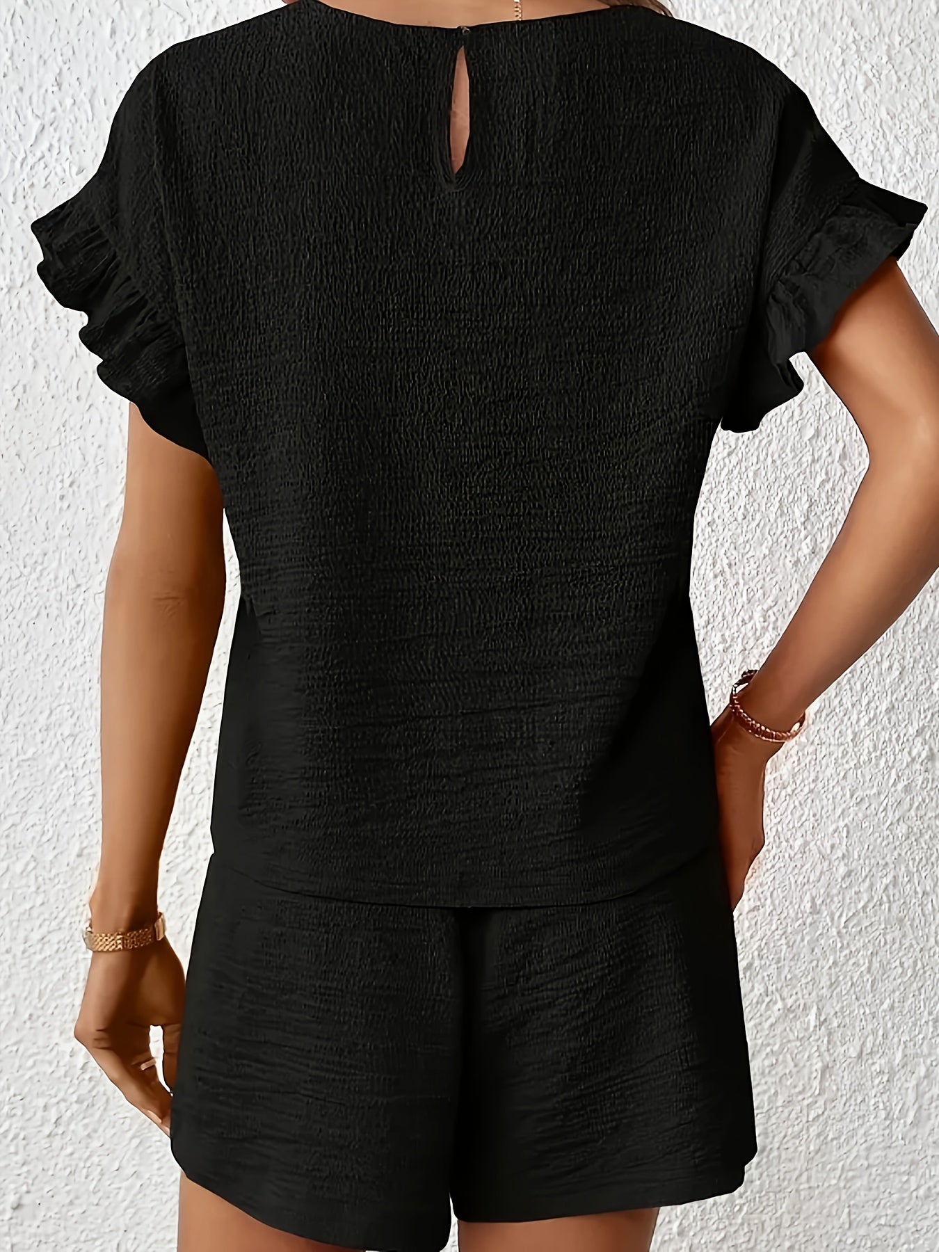 Women's Textured Ruffle Sleeve Top and Drawstring Shorts Set