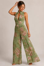 Damen Jumpsuit mit weitem Bein, Blumenmuster, Plisseefalten, Neckholder, Reißverschluss vorne und tailliertem Bund