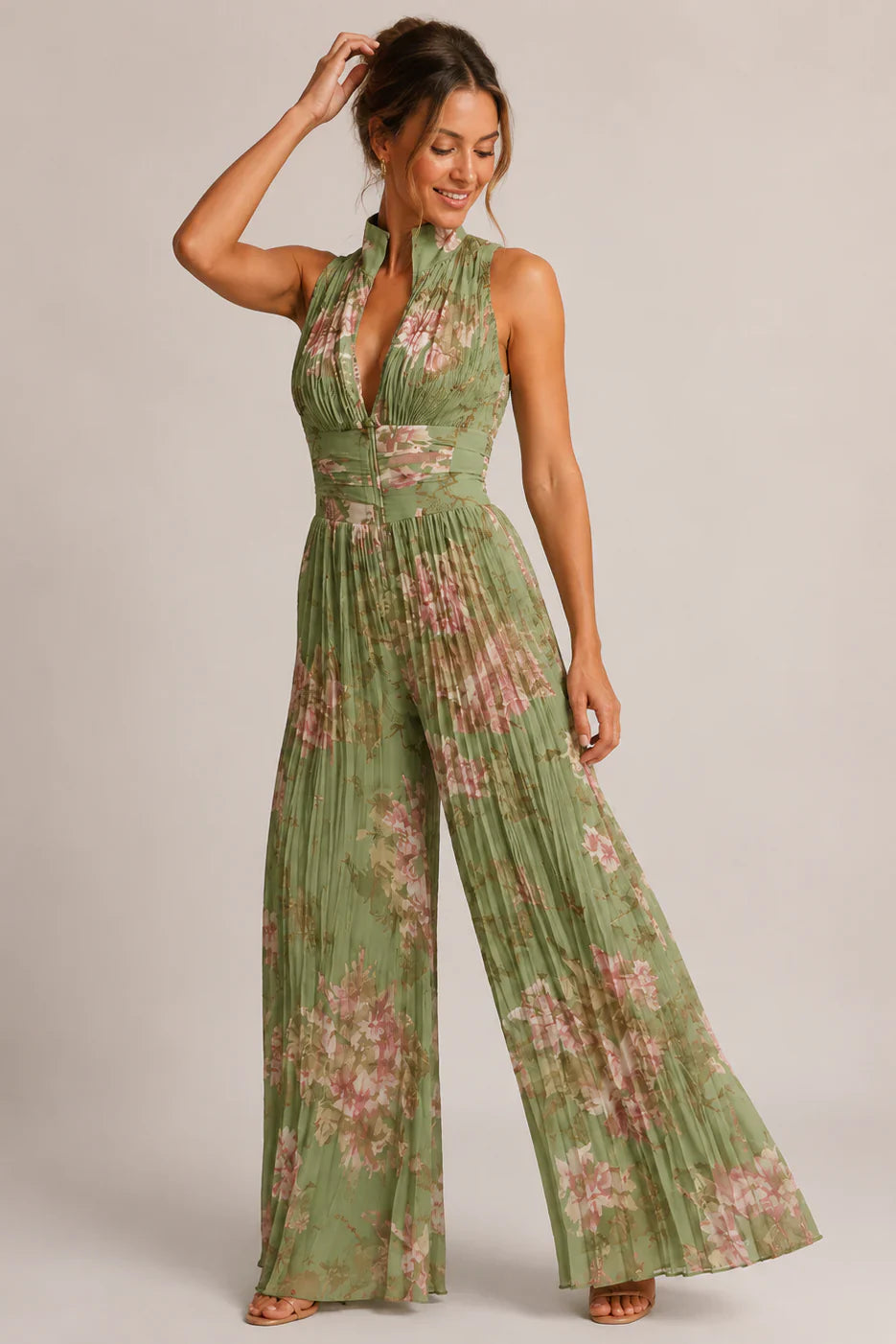 Damen Jumpsuit mit weitem Bein, Blumenmuster, Plisseefalten, Neckholder, Reißverschluss vorne und tailliertem Bund