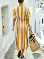 Women's Striped Midi Dress with Waist Detail and Short Sleeves