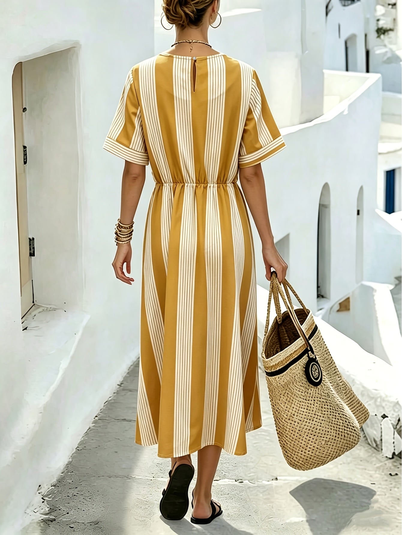 Women's Striped Midi Dress with Waist Detail and Short Sleeves