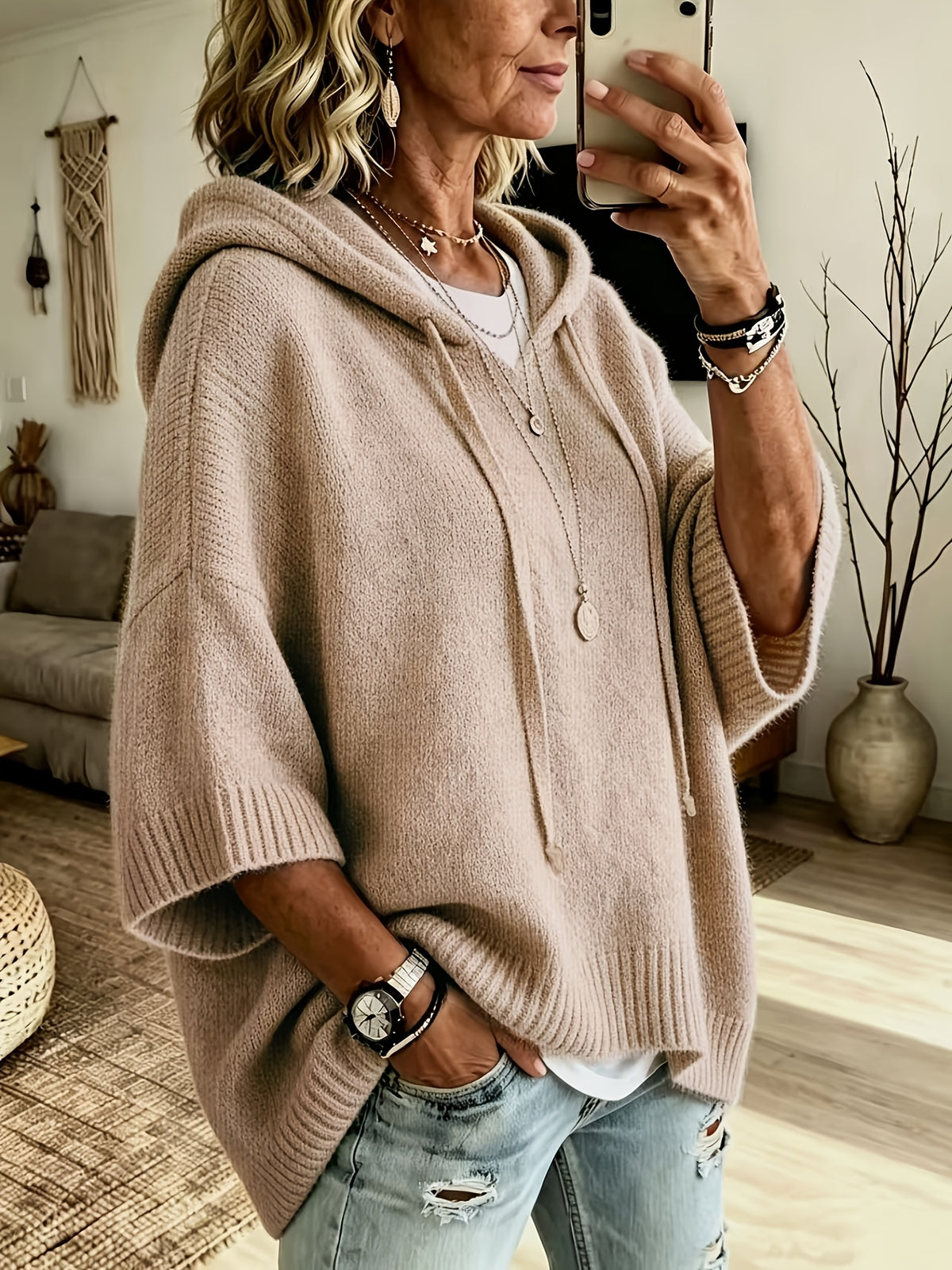 Women’s Hooded Oversized Knit Poncho