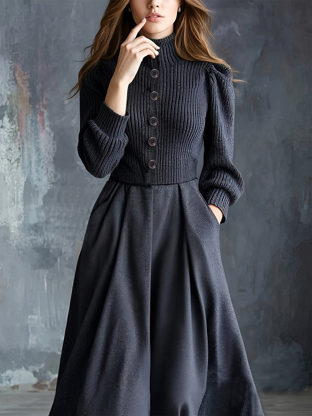 Women's Long-Sleeve Maxi Dress with High Neck and Flared Skirt