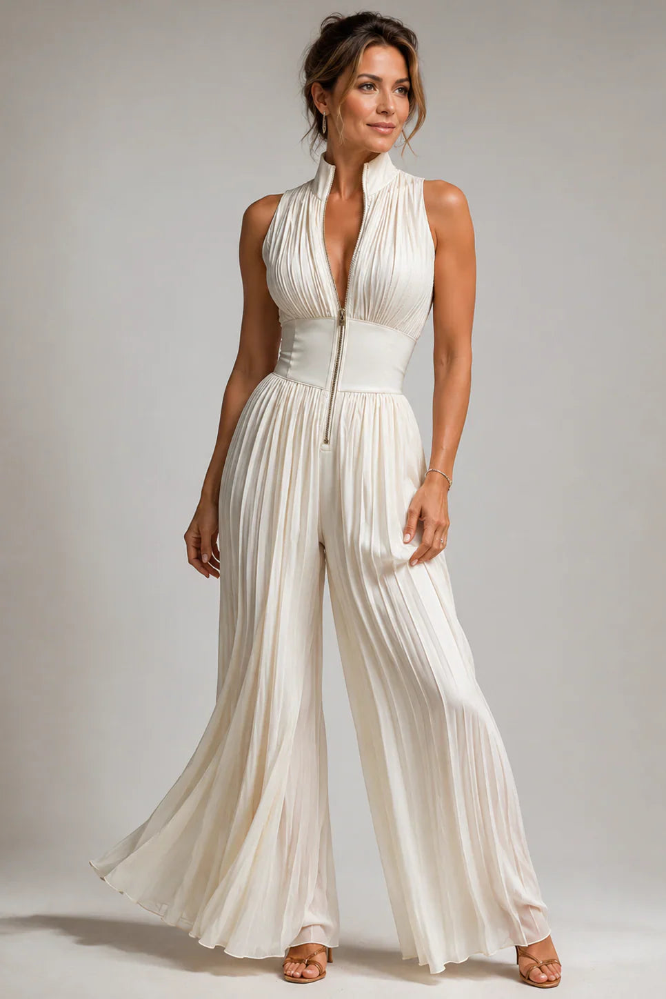 Women's Floral Pleated Wide Leg Jumpsuit with Halter Neck, Front Zip Closure and Cinched Waist