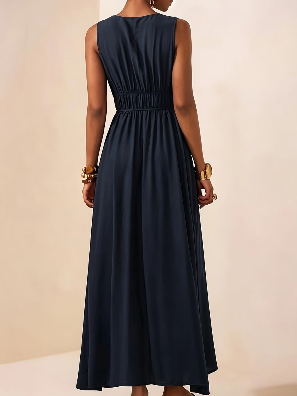 Women's Sleeveless Maxi Dress with V-Neck and Beaded Strap Details