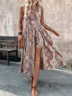 Women’s Bohemian Paisley Midi Dress with Flowing Split Design