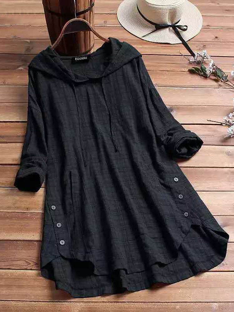 Women's Hooded Button Detail Long Sleeve Tunic Blouse