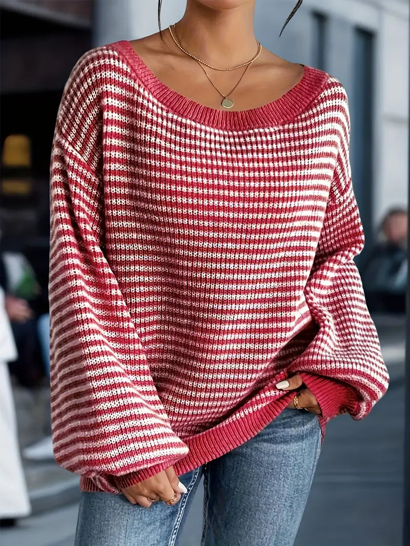 Women's Striped Boat Neck Sweater with Relaxed Fit