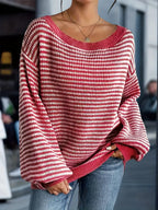 Women's Striped Boat Neck Sweater with Relaxed Fit