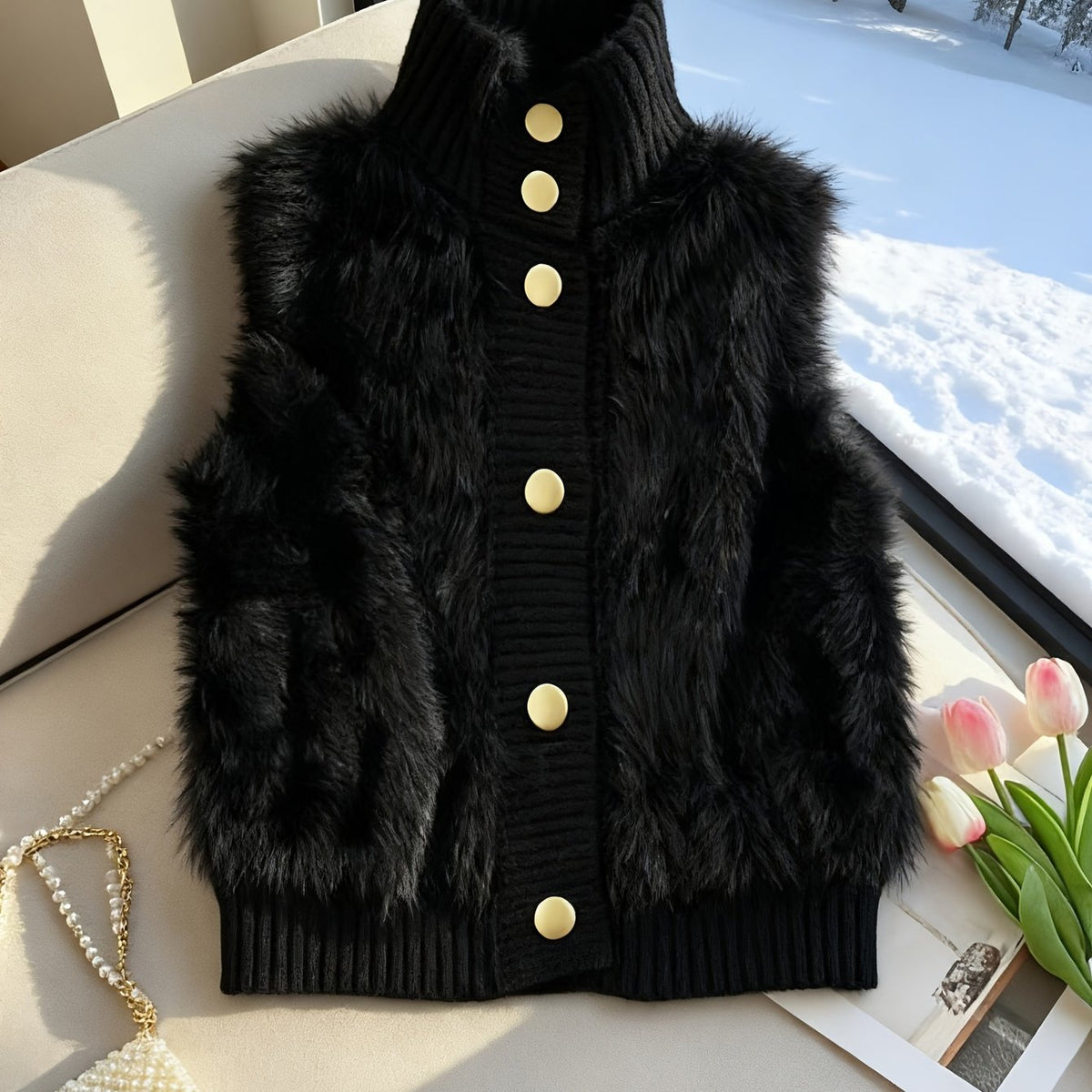Gilet pour femme en fausse fourrure, boutonné sur le devant, à col montant