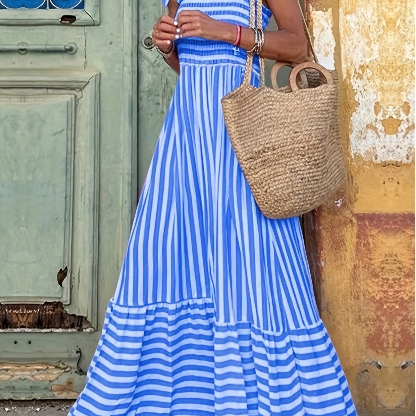 Women's Striped Smocked Tie-Shoulder Maxi Dress