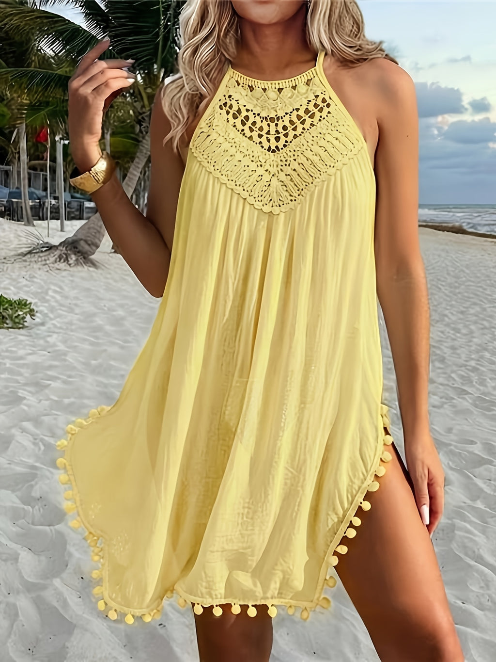 Women's Crochet Lace Tassel Hem Beach Cover-Up Dress