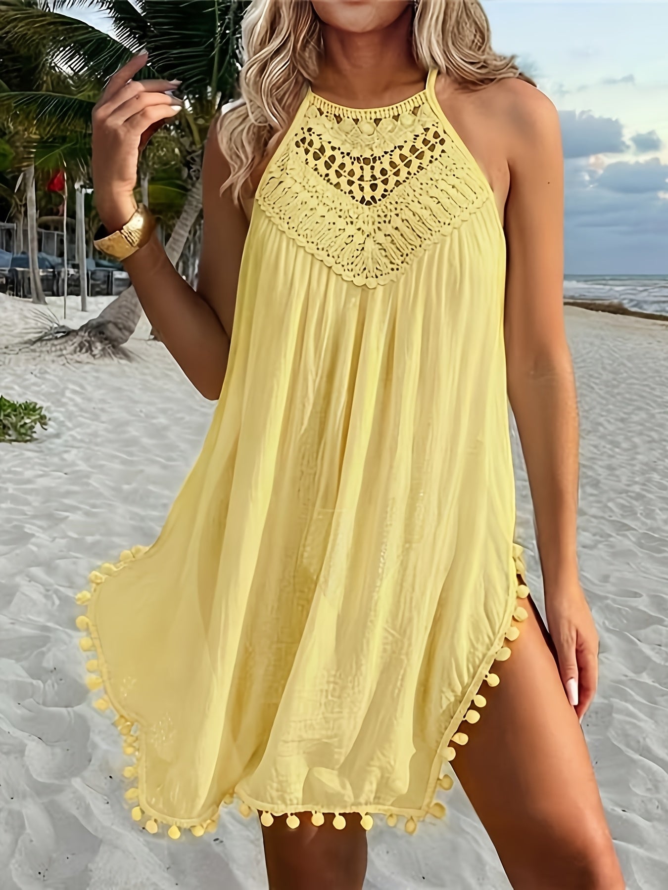 Women's Crochet Lace Tassel Hem Beach Cover-Up Dress
