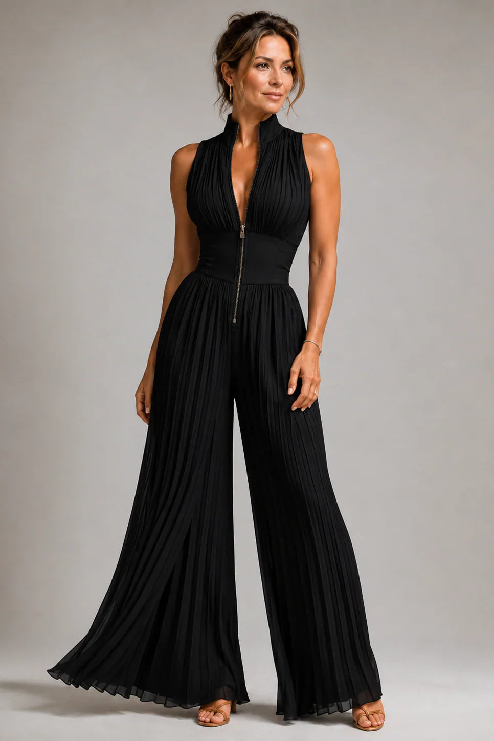 Women's Floral Pleated Wide Leg Jumpsuit with Halter Neck, Front Zip Closure and Cinched Waist