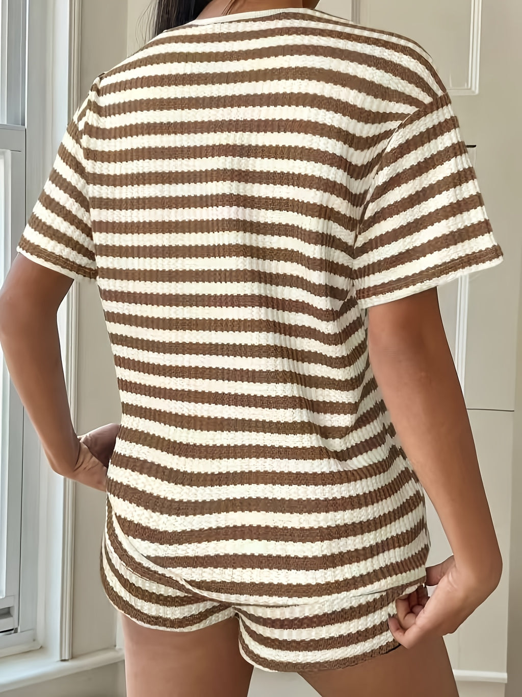 Women's Textured Stripe Lounge Set With Short Sleeve Top And Shorts
