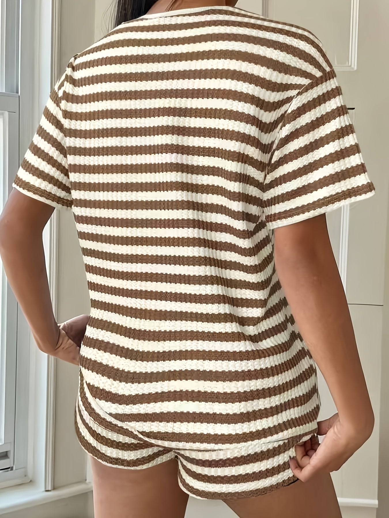 Women's Textured Stripe Lounge Set With Short Sleeve Top And Shorts