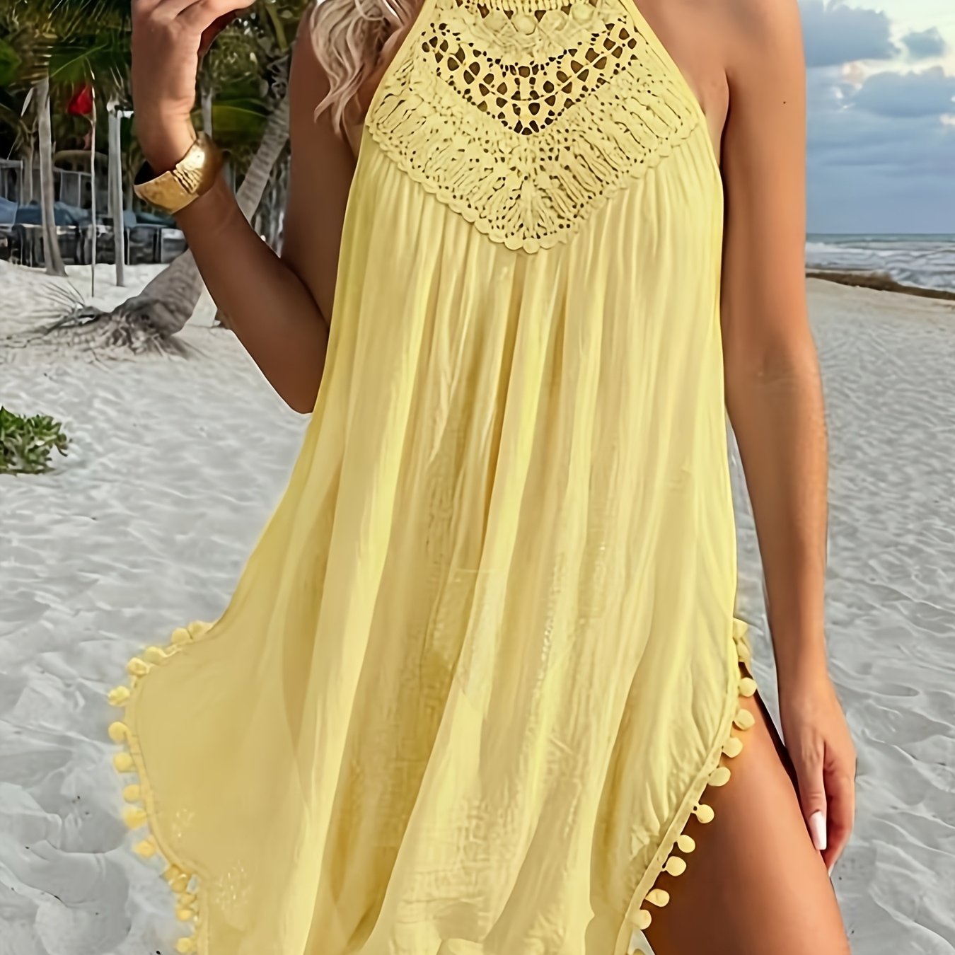Women's Crochet Lace Tassel Hem Beach Cover-Up Dress