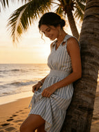 Women's Striped Midi Dress with Shirred Waist and Ring Strap Details