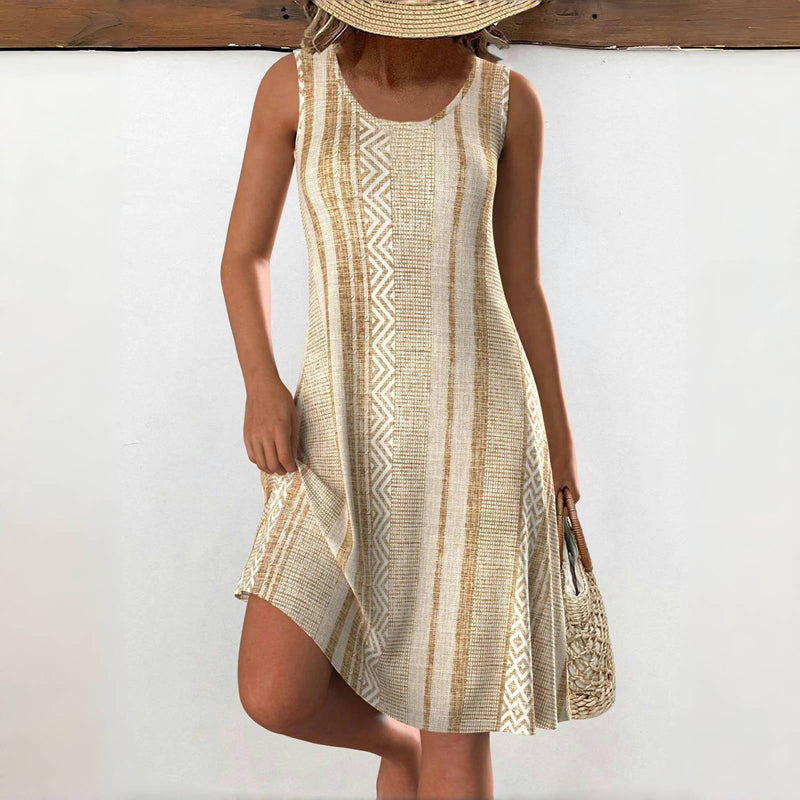 Women's Sleeveless Linen Blend Dress with Geometric Striped Pattern