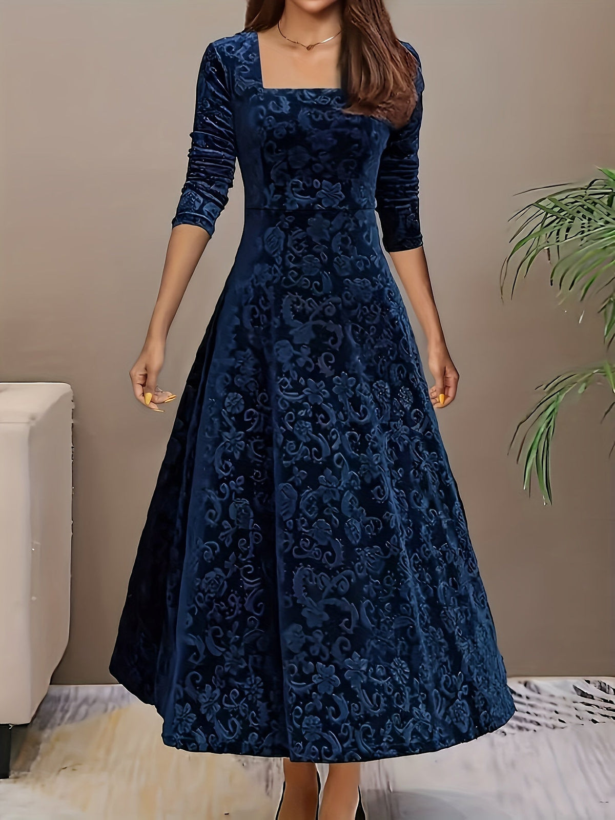 Women’s Elegant Square Neck Jacquard Maxi Dress