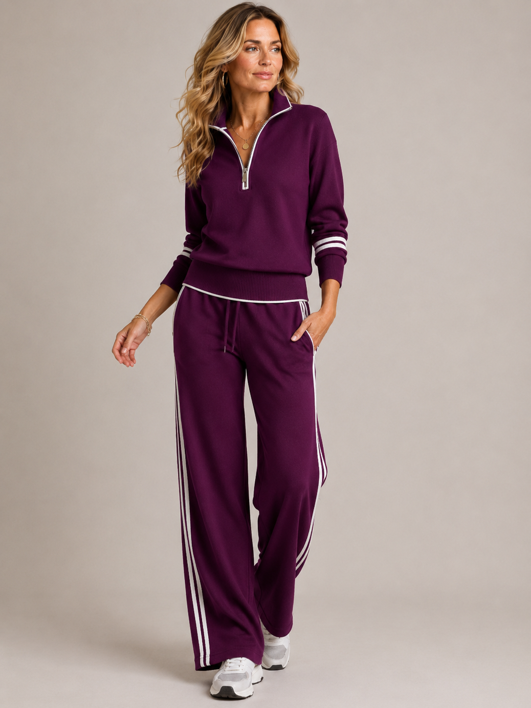 Ensemble deux pièces pour femme à demi-zip et pantalon à jambes larges