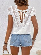 Women’s Elegant Lace Blouse with Open Back and Embroidered Details