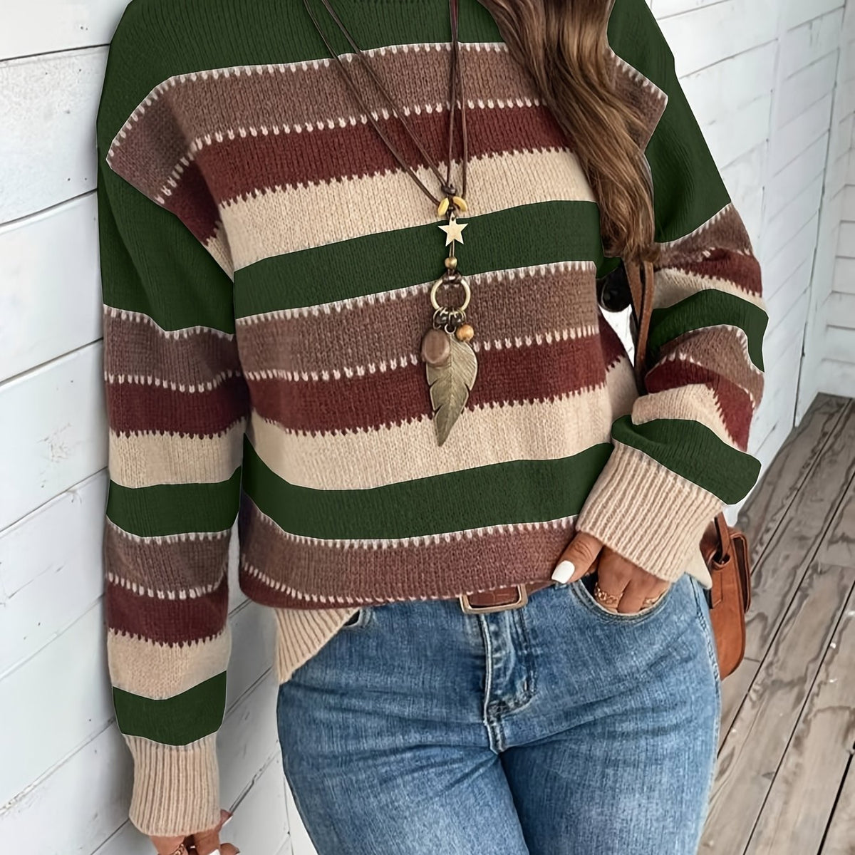 Pull à col rond rayé à empiècements colorés pour femme