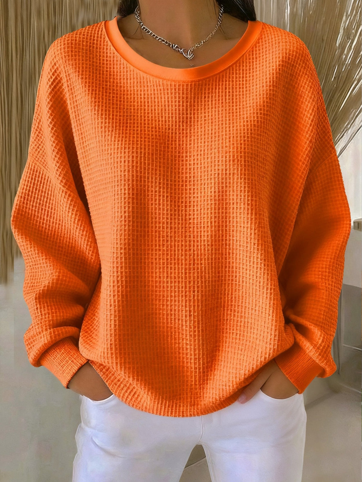 Women's Relaxed Crew Neck Pullover with Waffle Texture