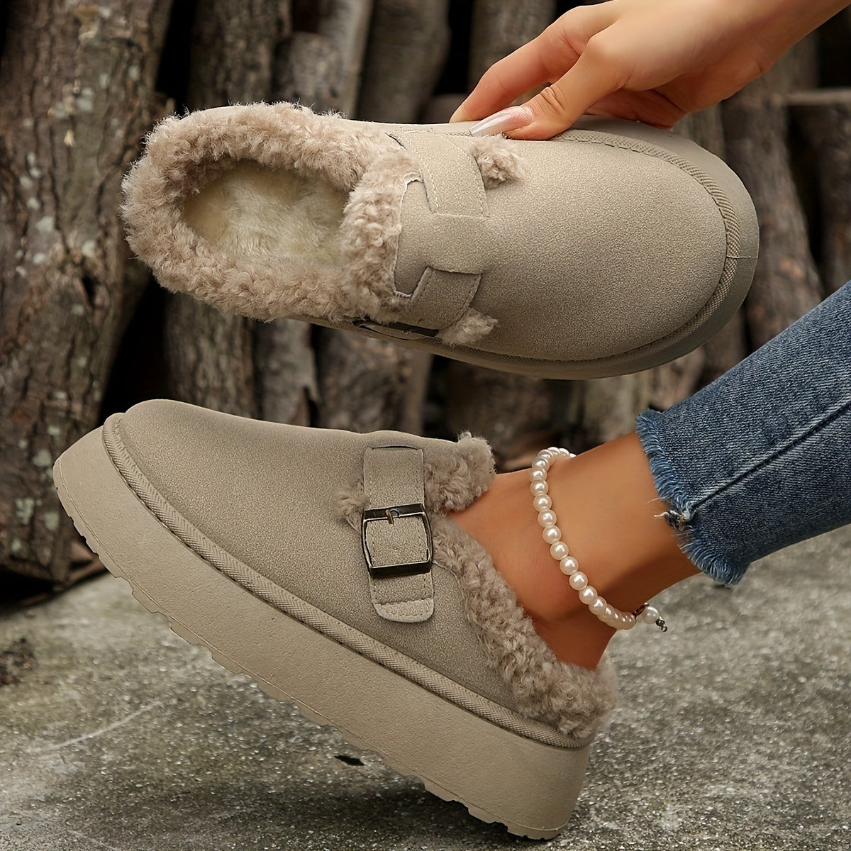 Women’s Faux-Fur Trim Buckle Platform Clogs