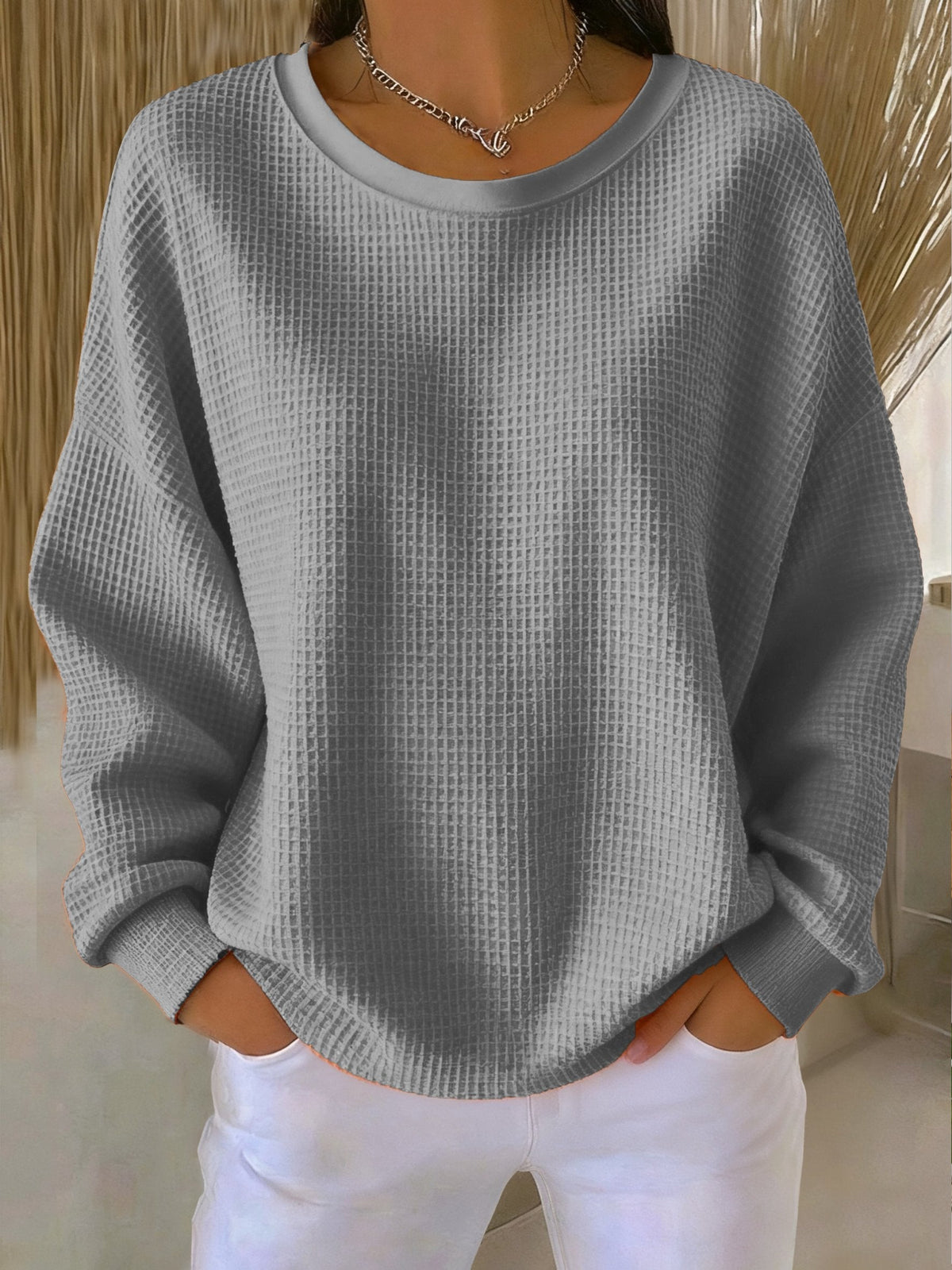 Women's Relaxed Crew Neck Pullover with Waffle Texture