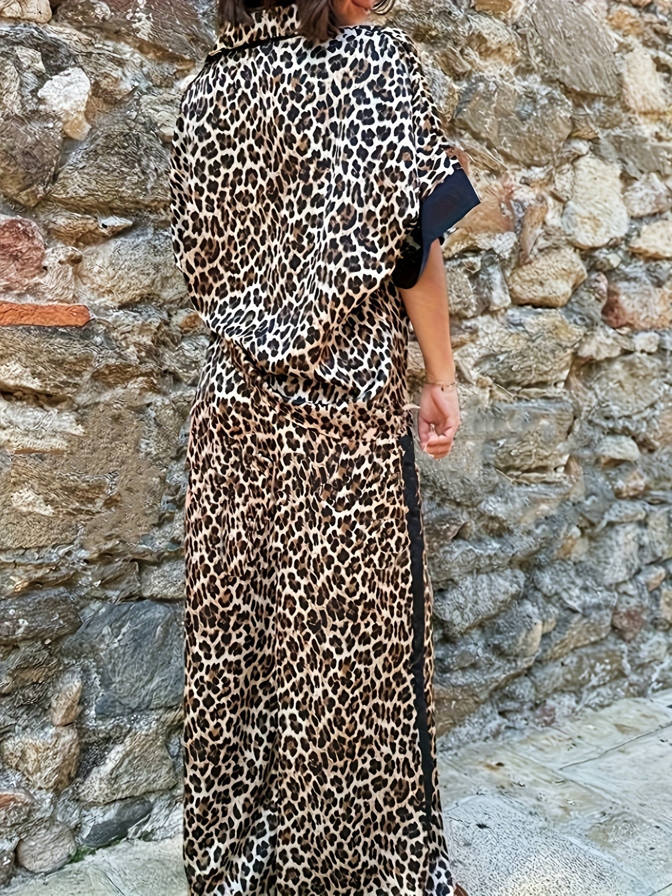 Women's Leopard Print Wide Leg Co-Ord Set with Contrast Trim Details