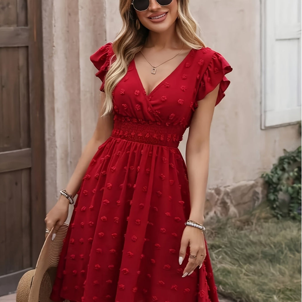 Women's Textured Midi Dress with Shirred Waist and Flutter Sleeves