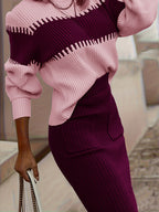 Completo da donna con maglione in maglia a coste e gonna midi