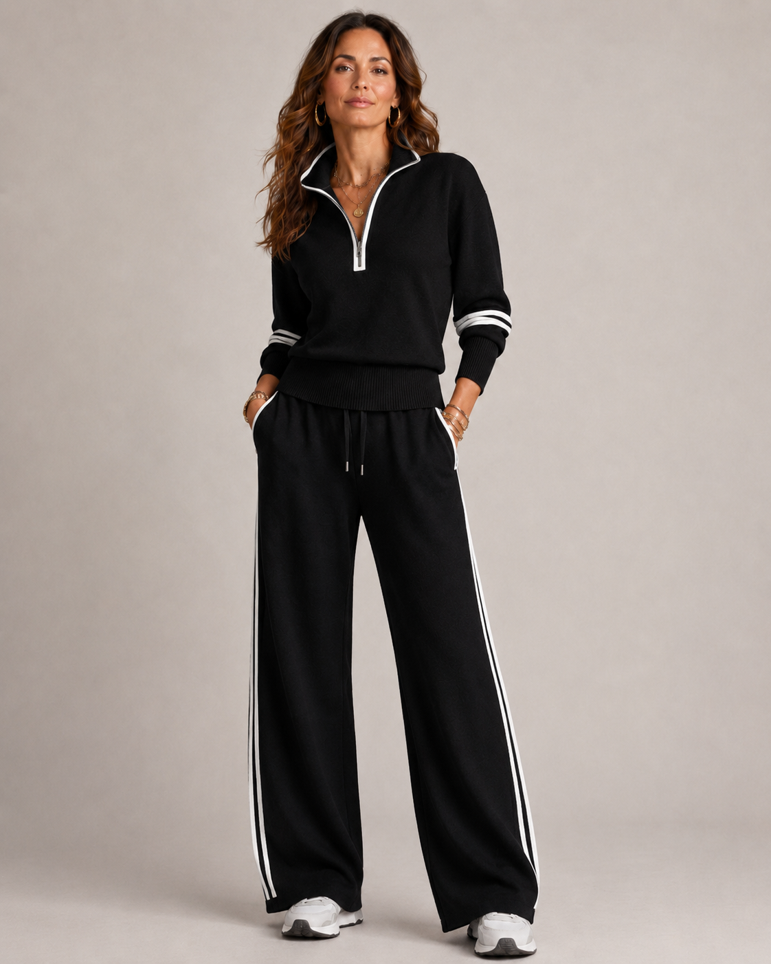Ensemble deux pièces pour femme à demi-zip et pantalon à jambes larges