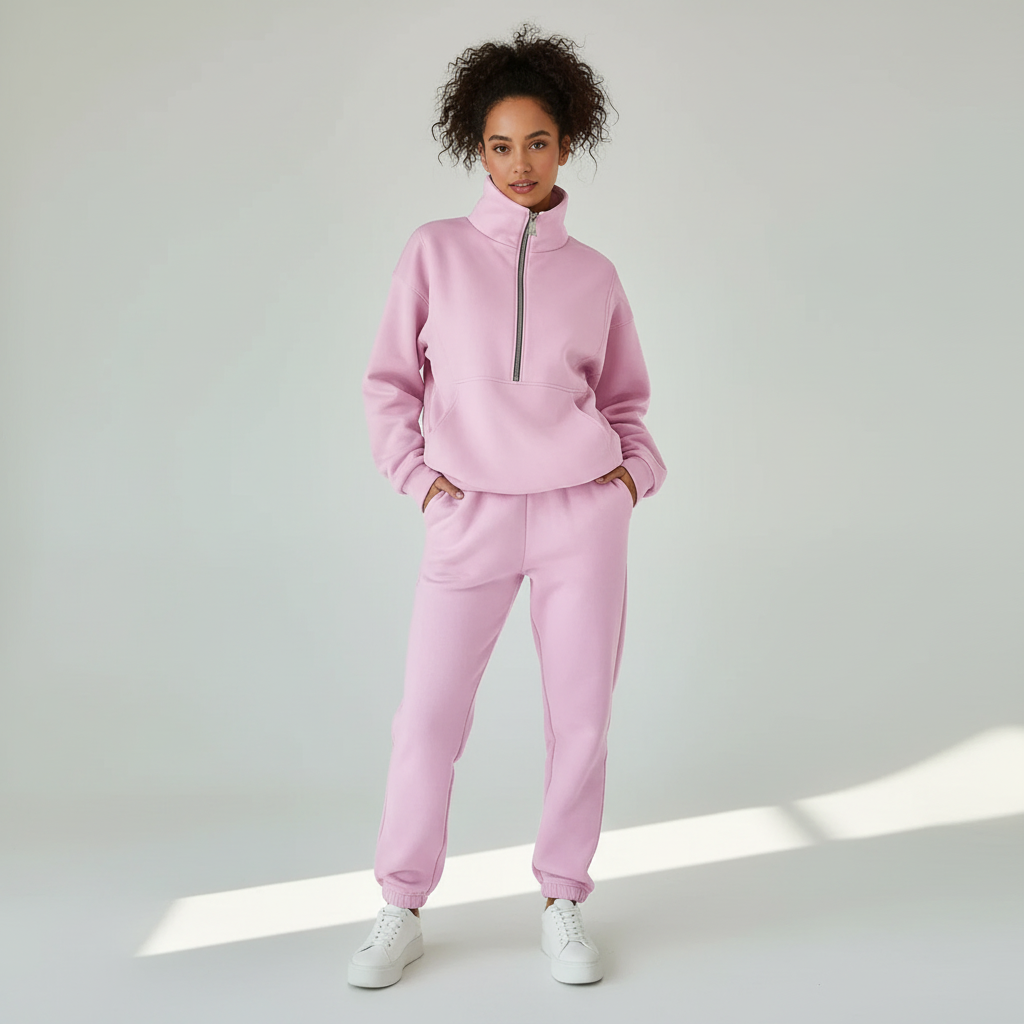 Sweat-shirt pour femme à col montant et fermeture zippée un quart