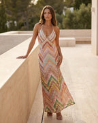 Damen Boho Maxikleid mit Chevron-Muster, tiefem V-Ausschnitt, verstellbaren Spaghettiträgern und schmeichelhafter schlanker Passform