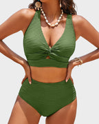 Damen-Rippen-Bikini-Set mit gedrehtem Oberteil und hochgeschnittenem Slip
