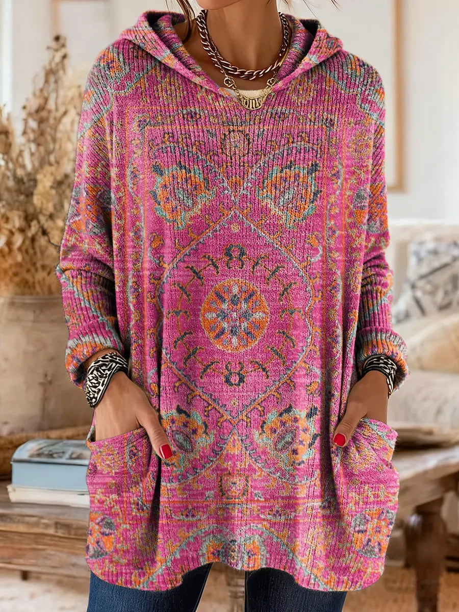 Pull tunique imprimé à capuche pour femme