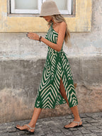 Women's One-Shoulder Midi Dress with Cut-Out Waist and Geometric Print