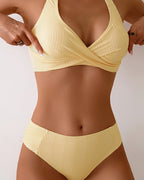 Women's Striped Halterneck Bikini Set with Stretch Fit for Beach Days