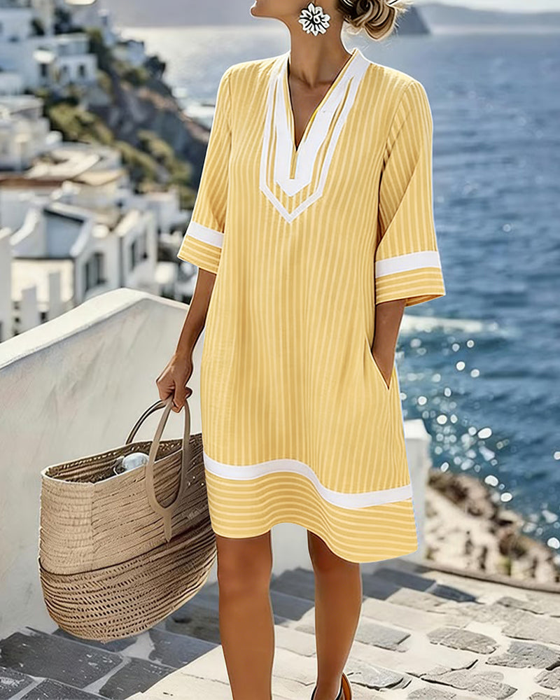 Women's Striped V-Neck Shift Dress